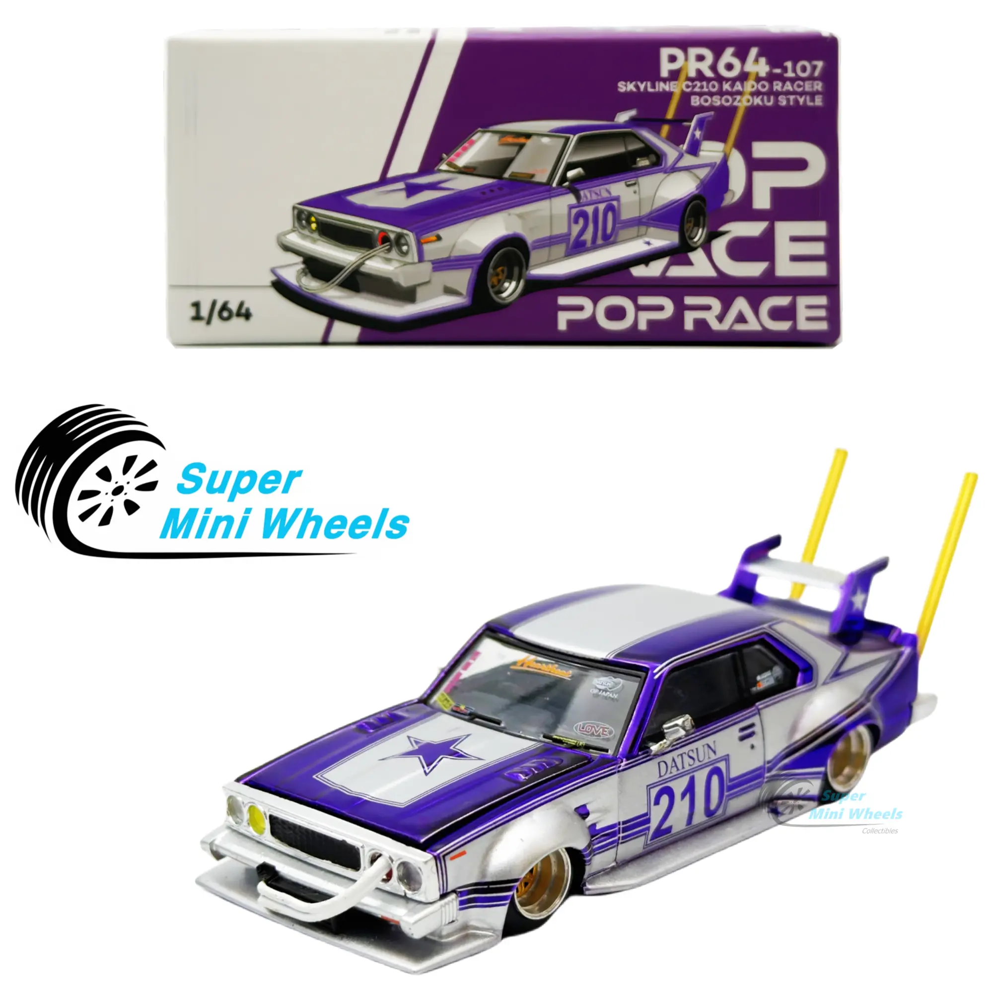 Pop Race 1:64 Nissan Skyline C210 Kaido Racer Bosozoku Style Chrome Purple PR64-107