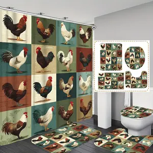 Chicken Grid Print Shower Curtain Set, Includes 12 Hooks, Non-Slip Mat, U-Shaped Floor Mat, Toilet Seat Cover, Bathroom Accessories