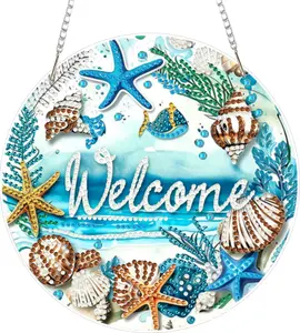 5D Diamond Painting Hanging Sign Kit Ocean Welcome Starfish Conch Seaweed Fish Round Door Wall Pendant Crystal Rhinestone Beach Home Decor Gift