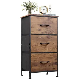 Dresser with 3 Drawers, Fabric Nightstand, Organizer Storage Dresser for Bedroom, Hallway, Entryway, Closets, Sturdy Steel Frame, Wood Top, Easy Pull Handle, Rustic Brown Wood Grain Print