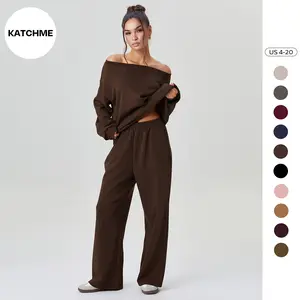 KatchMe Women's Leisure Solid Sloping Shoulder Long Sleeve Top & Wide Leg Trousers Co-ord, Cozy Slouchy Scoop Neck Two Piece Outfits for Fall & Spring (US)