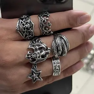 6pcs Vintage Silver Color Punk Ring Set, Unisex Adjustable Thick Rings, Boho Gothic Style, Skull Snake Star Y2K Finger Rings