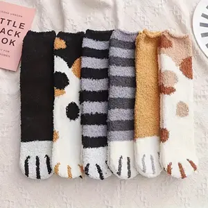 6pcs Women'S & Men'S Thickened Winter Warmth Cat Paw Print Socks - Plush Fleece-Lined Over-the-Knee & Mid-Calf Length with Paw Print Design, Cute Socks
