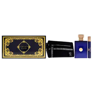 Versace Dylan Blue Pour Homme for Men 3-Piece Hair & Body Set (3.4 Ounce Eau de Toilette Spray + 0.34 Ounce Eau de Toilette Spray + Bag) (New Packaging)