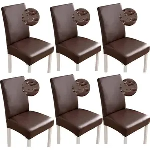Stretch Dining Chair Covers  PU Leather Chair Slipcovers Chair Protector Cover Universal Chair Covers for Dining Room Kitchen Hotel (Set of 6, Coffee)