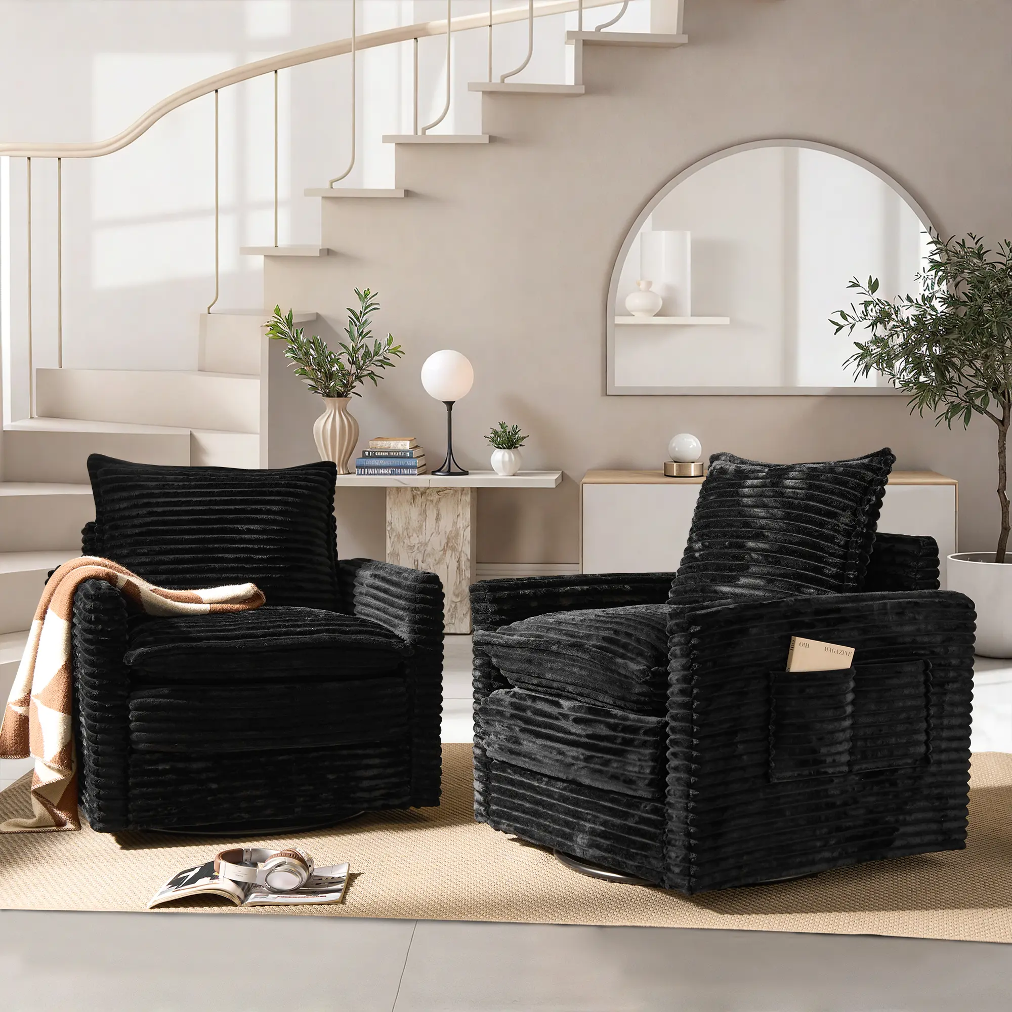 Black Plush Corduroy Swivel Chair*2