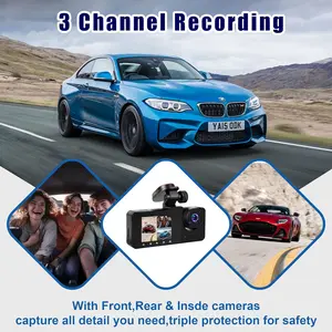 LASATE Free 256GB card 3-channel driving recorder with 360-degree viewing angle, 1080P camera suitable for cars, night vision function, you can use APP. Automotive Dashcam(Not wireless)   Requires charging to use