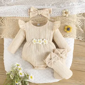 Newborn Baby Girl Outfit Long Sleeve Crew Neck Flower Romper with Headband Socks Fall Clothes 0-18 Months