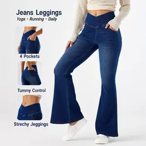 HeeiYoga Denim Strechy Leggings Pocket High Waisted for Yoga Pilates Casual Flare Skinny Tummy Control Jeggings