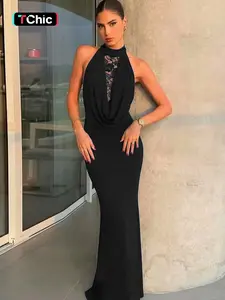 Women's Solid Contract Lace Sheer Cowl Neck Backless Halter Dress, Sexy Cut Out See Through Low Back Sleeveless Plain Slim Maxi Dress, Party Club Date Evening Gown Formal Dress, Elegant Holiday Holiday Daily Casual Summer Fashion Long Dresses For Ladies
