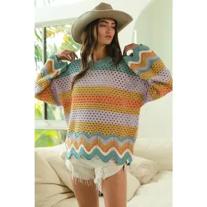 BiBi Wavy Hem Openwork Contrast Round Neck Sweater