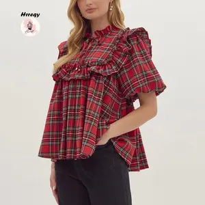 Women Ruffle Button Down Shirts Puff Long Sleeves Blouses Collared Casual Tops