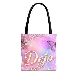 Deja Blue script name tote bag | pastel galaxy butterflies, rhinestone swirl