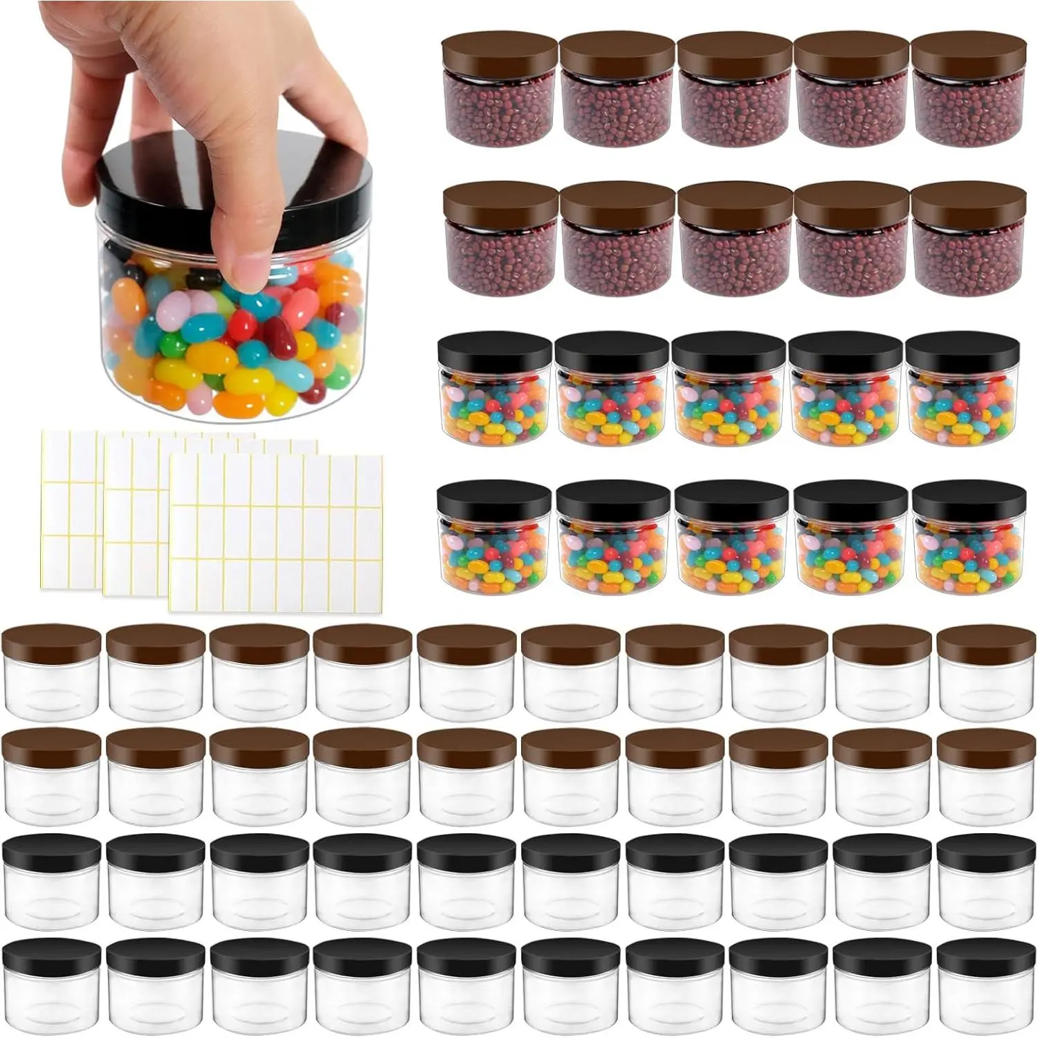 60 Pcs 10 oz Clear Plastic Jars Containers Cylinder Round Containers Airtight Screw Wide Mouth Storage Jars with Lids for Food Kitchen Honey Butter Cosmetics(Black,Brown)