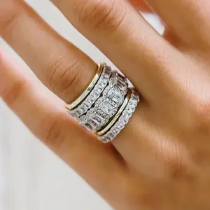 S925 Sterling Silver Full Diamond Ring Set Ring Geometric Square Zircon Aperture Combination Set Ring 5A Cubic Zirconia Bridal Stacking Rings Set For Travel, Daily custom jewelry gift healing