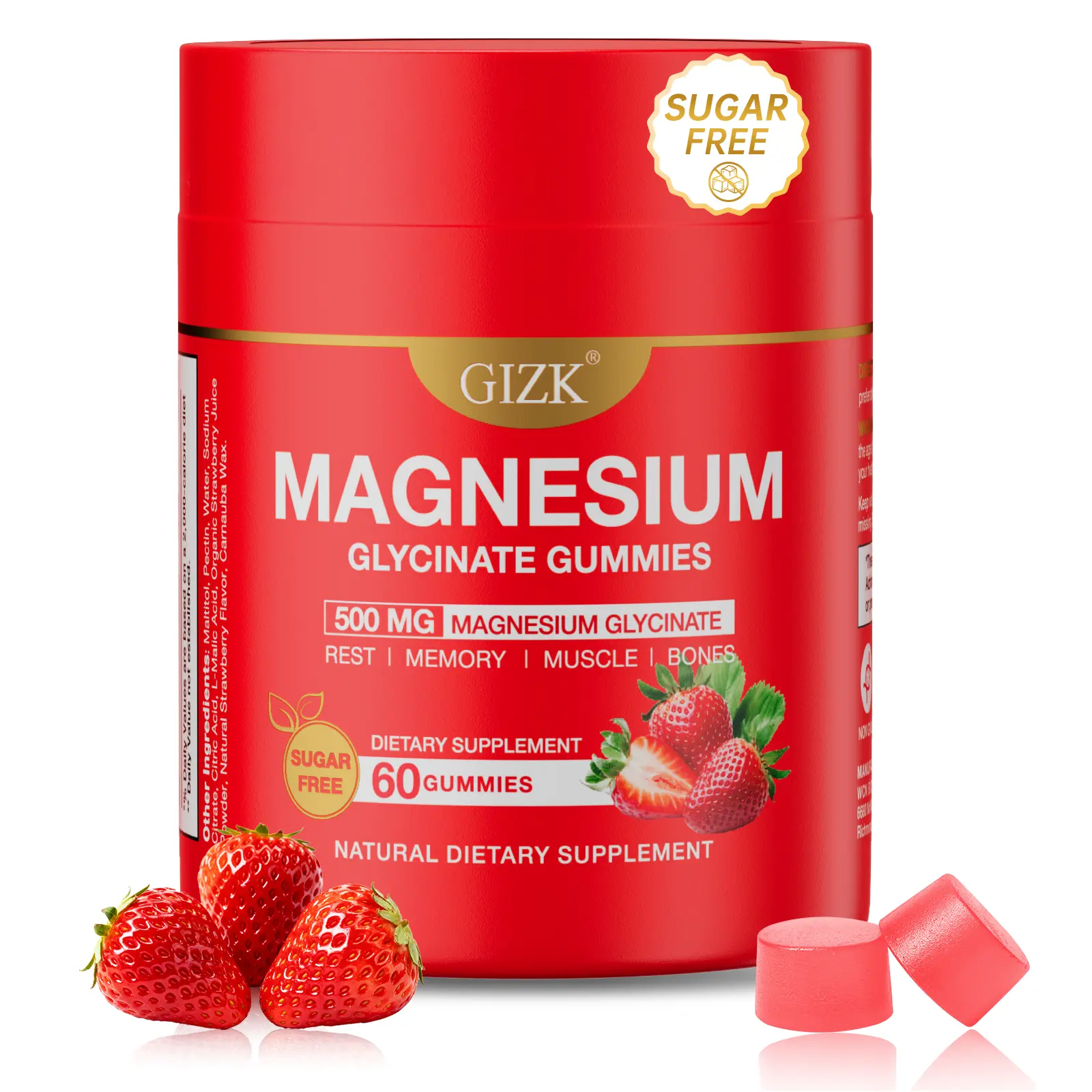 Magnesium Glycinate Gummies, Sugar Free Vegan Supplement, Supports Relaxation & Healthy Sleep, Relief for Night Muscle Cramps, Natural Strawberry Flavor, 60 Count