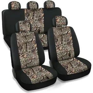For Car Truck SUV Hunter Style Seat Cover Car Seat Cover True Black Camouflage Seat Cover Maple Forest Leaves Pattern Camouflage (9 PCs Set Black Camouflage Low Backrest)