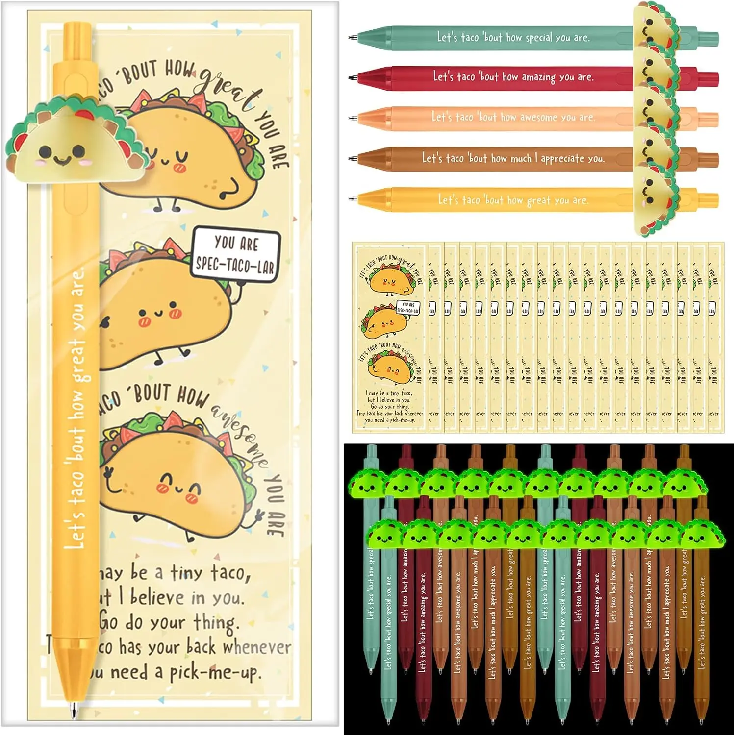 20/40 Sets Luminous Taco Ballpoint Pens for Back to School Day Luminous Taco Pen with Inspirational Bookmark for Taco Lovers First Day of School Gifts Idea Employee Appreciation Gift for Coworker Staff Nurse Classroom Party Exchange Supplies