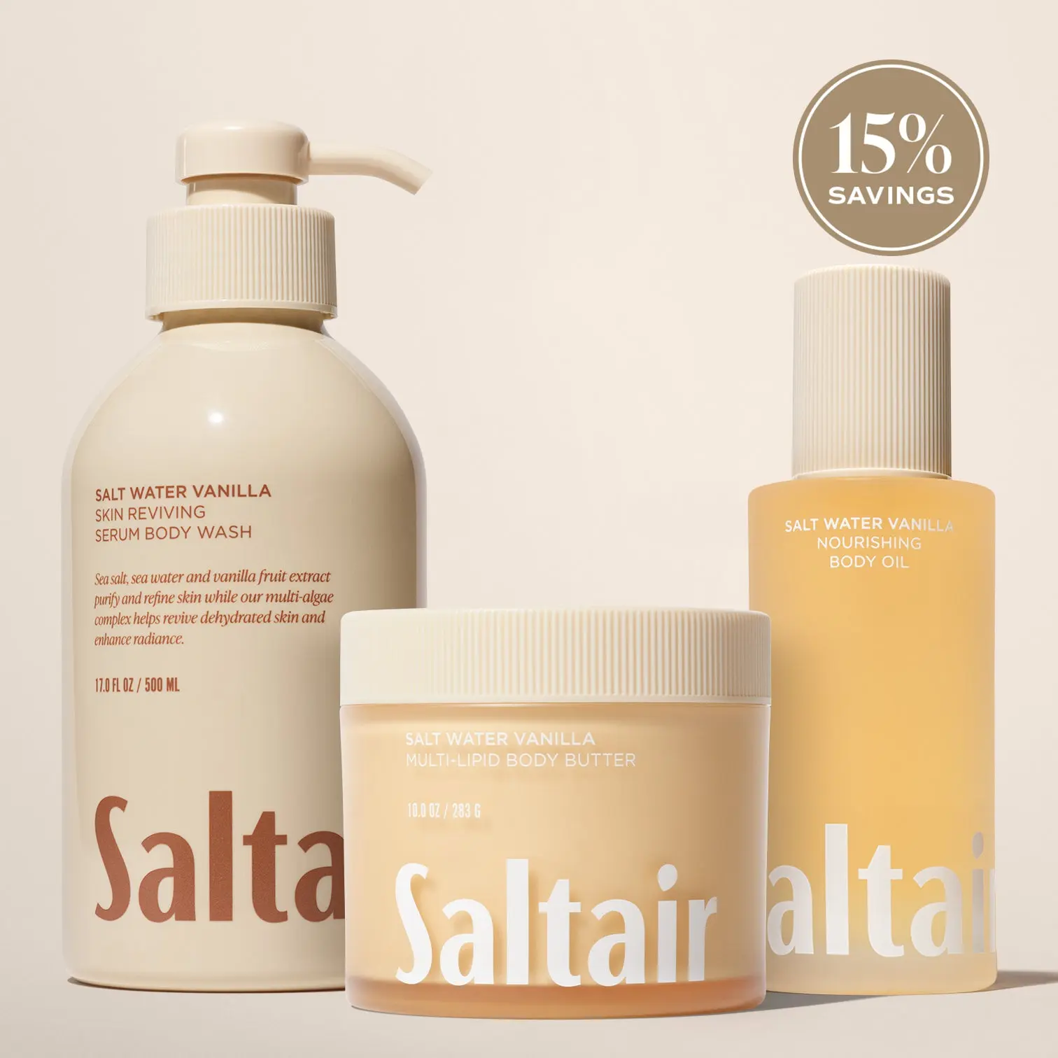 Saltair Salt Water Vanilla Body Rituals Set - Serum Body Wash (17 fl oz), Nourishing Body Oil (4 fl oz) & Multi-Lipid Body Butter (10 oz) Bundle for Soft, Glowing Skin - Vanilla, Sea Salt, Creamy Sandalwood