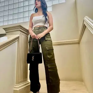 Satin cargo pants olive green Womenswear Bottom Casual Day Elegance Evening