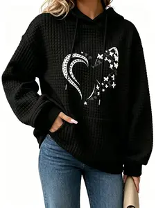2026 Women's Hoodies Heart & Butterfly Print Casual Drawstring Waffle Pullover Tops Loose Hooded Sweatshirt with Pocket