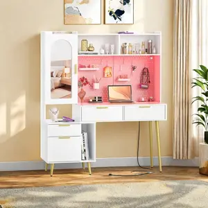 48'' Makeup Vanity with Hutch, Modern Design, Charging Station, LED Lighting, 5 Big Drawers & Shelves, Tall Vanity Table with Pegboard small  room  vanity shelves vanity Furniture Storage Vanity Mirror&Accessories Bedroom Organization Adjustable Interior