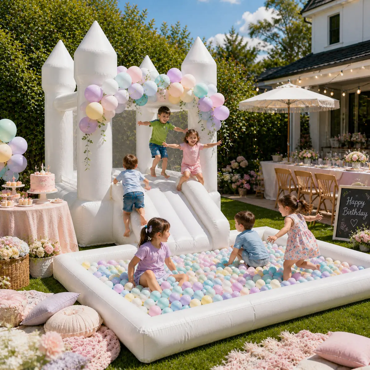 White Bouncy Castle with Slide, Ball Pit & Air Blower – Multi-Use Outdoor Play Structure Inflatables & Bouncy Castles for Kids’ Indoor-Outdoor Summer Parties, Camping Essentials, Slide Action Design