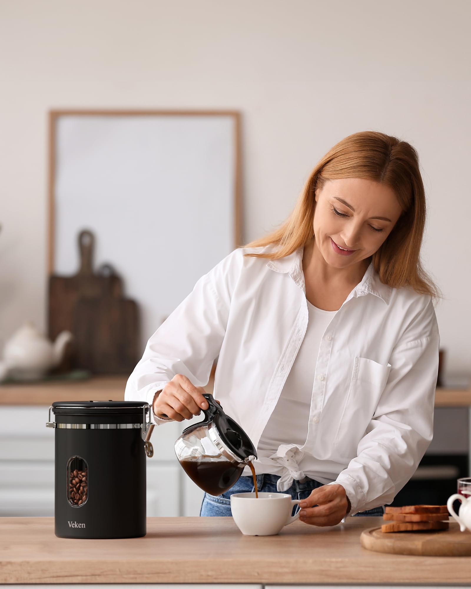 22OZ Coffee Canisters with Window,Scoop and AirtightLid Stainless Steel Kitchen Bean Storage Grounds Container (Black) Date Tracker and Scoop for Grounds Coffee Bar Accessories Beans, Cereal, Sugar,Rice,Tea, Flour, Cereal