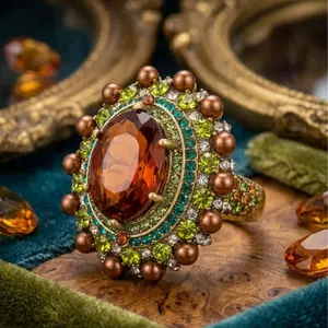 Vintage Baroque Statement Ring | Oval Amber Crystal Cocktail Ring with Green Rhinestones for Women