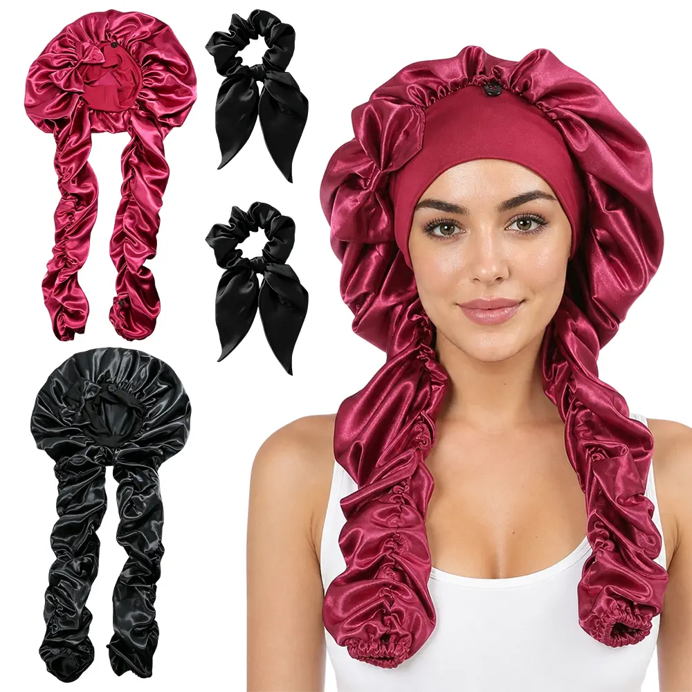 2 Pcs Satin Long Hair Sleep Caps for Women, Adjustable Snap Button Night Hair Protection Caps, Comes with 2 Pcs Hair Scrunchies, Hair Bonnet for Long Braided & Curly Hair Nighttime Hair Care
