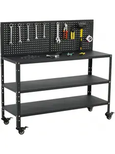 Heavy Duty Steel Rolling Workbench, 47x17 Inch Mobile Garage Tool Storage Table with 2-Adjust Shelf, Pegboard & 550 Lbs Capacity, Adjustable Heavy Duty Work Table for Workshop Studio
