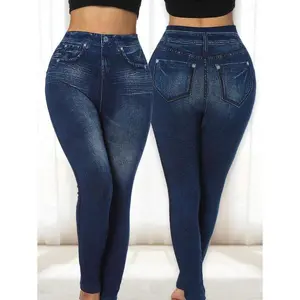 Women Leggings Seamless High Elastic Pants Denim Effect Tight Gym Running Slim Pants High Waist Casual Trousers Streetwear Leggings Jean Womenswear