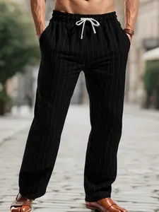 Men's Summer Linen Casual Long Pants, Vertical Stripes, Adjustable Drawstring Waist, Loose Fit, Ankle Length, Breathable and Comfortable