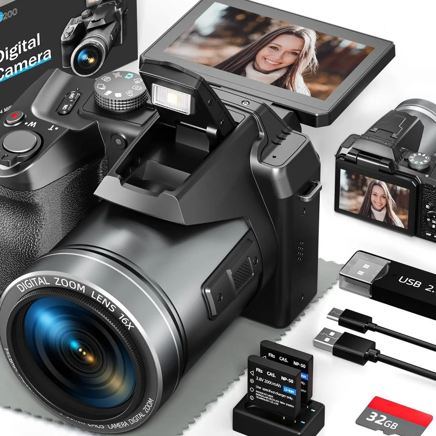 Mirrorless Digital Camera, HD Cordless Auto-Focus Compact Travel Camera with Anti-Shake, Wi-Fi, App Control, SD Card, 2 Batteries, Black for Photography & Vlogging