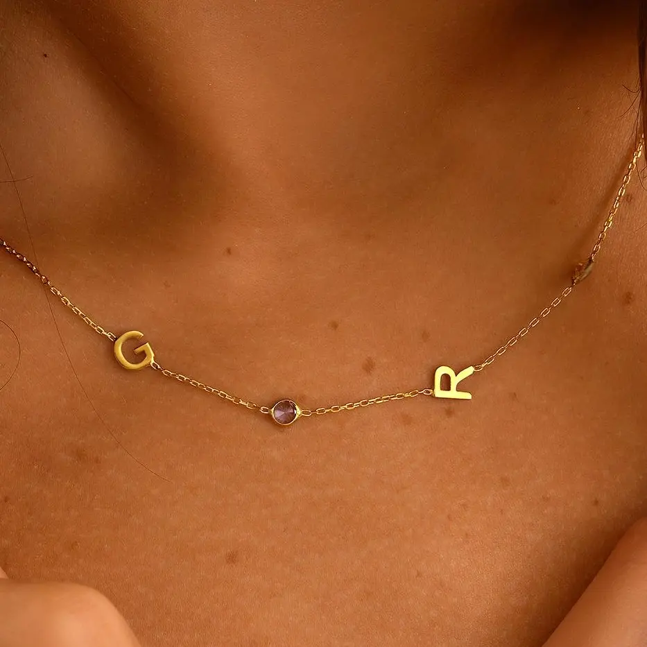 Birthstone Initial Necklace, Birthstone Sideways Necklace, Customized Initial Necklace, Letter Personalized Necklace, Letter Keepsake Necklace, Birthstone Birthday Necklace, Name Initial Necklace, Letter Wedding Necklace, Birthstone Christmas Necklace