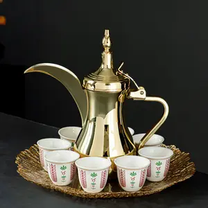 9-Piece Set 1.2L Stainless Steel Dallah Coffee Pot with 8pcs Floral Ceramic Cups, Complete Majlis Qahwa Set for Ramadan, Eid, Housewarming Gift, Home Decor, Coffee Lovers Gift
