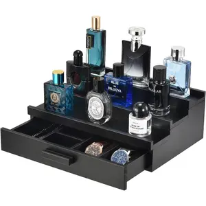 Perfume Organizer for Men, 3 Tier  Perfume Display Stand with  Lining Drawer and  Compartment for Watch,,Perfume Display Risers,A  for Men (Black)