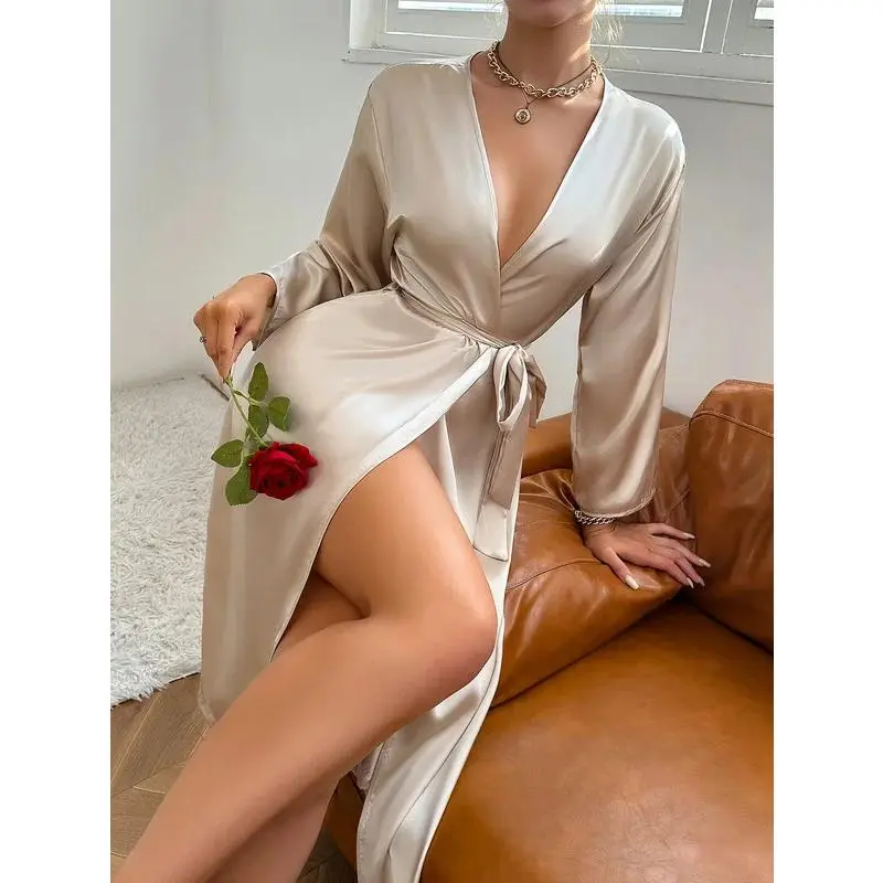 New styleWomen's Satin Robe Belted Elegant Solid Color Silky Comfort Bathrobe Loungewear