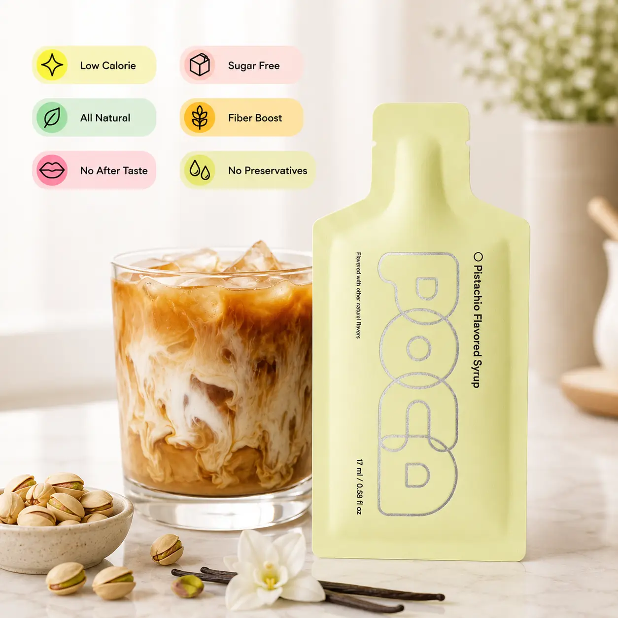 POCA Natural Sugar-Free Pistachio Syrup - 0g Sugar Plant-Based Sweetener | 3g Fiber | No Artificial Sweeteners | GLP-1 Friendly | Keto Latte