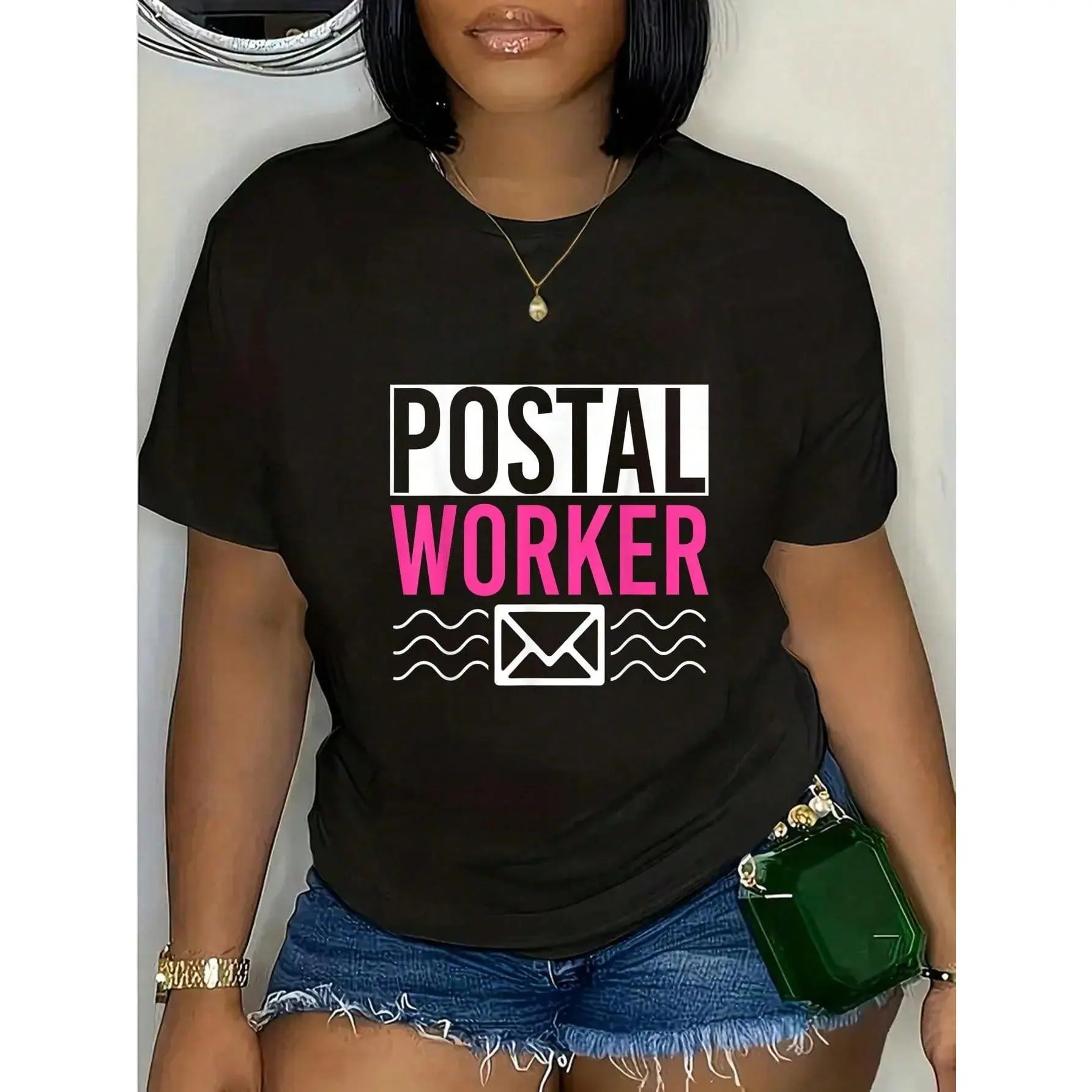 Women's 100% Knitted Cotton Postal Worker Graphic Tee - Short Sleeve, Small Round Neck, Regular Straight, Breathable Softness, Loose-Fitting, Letter Slogan & Card Flower Print Casual Top