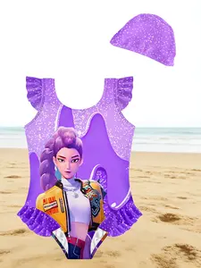 Girls One-Piece Swimsuit with Swim Cap, Purple Anime Girl Character Print Ruffle Bathing Suit, Ruffle Trim Swimsuit