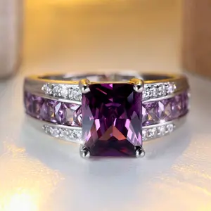 Purple Cubic Zirconia Engagement Ring for Women - Light Luxury, Silver Wedding Jewelry