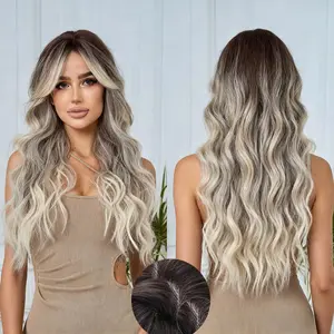 25 Inch Ombre Long Wavy Wigs for Women Brown Gorgeous Fluffy Wigs with Bangs Synthetic Wigs for Party Daily Use body wavy wig