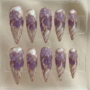 Purple Iris Stained Glass Press On Nails | Ethereal Art Nouveau Botanical Nail Art