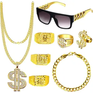 8PCS Hip Hop Costume Accessories, Rapper Costume 80s 90s Accessories for Men Women Fake Gold Chain Rapper Sunglasses Dollar Sign Chain Ring Kanji Ring for Party Favors Carnival