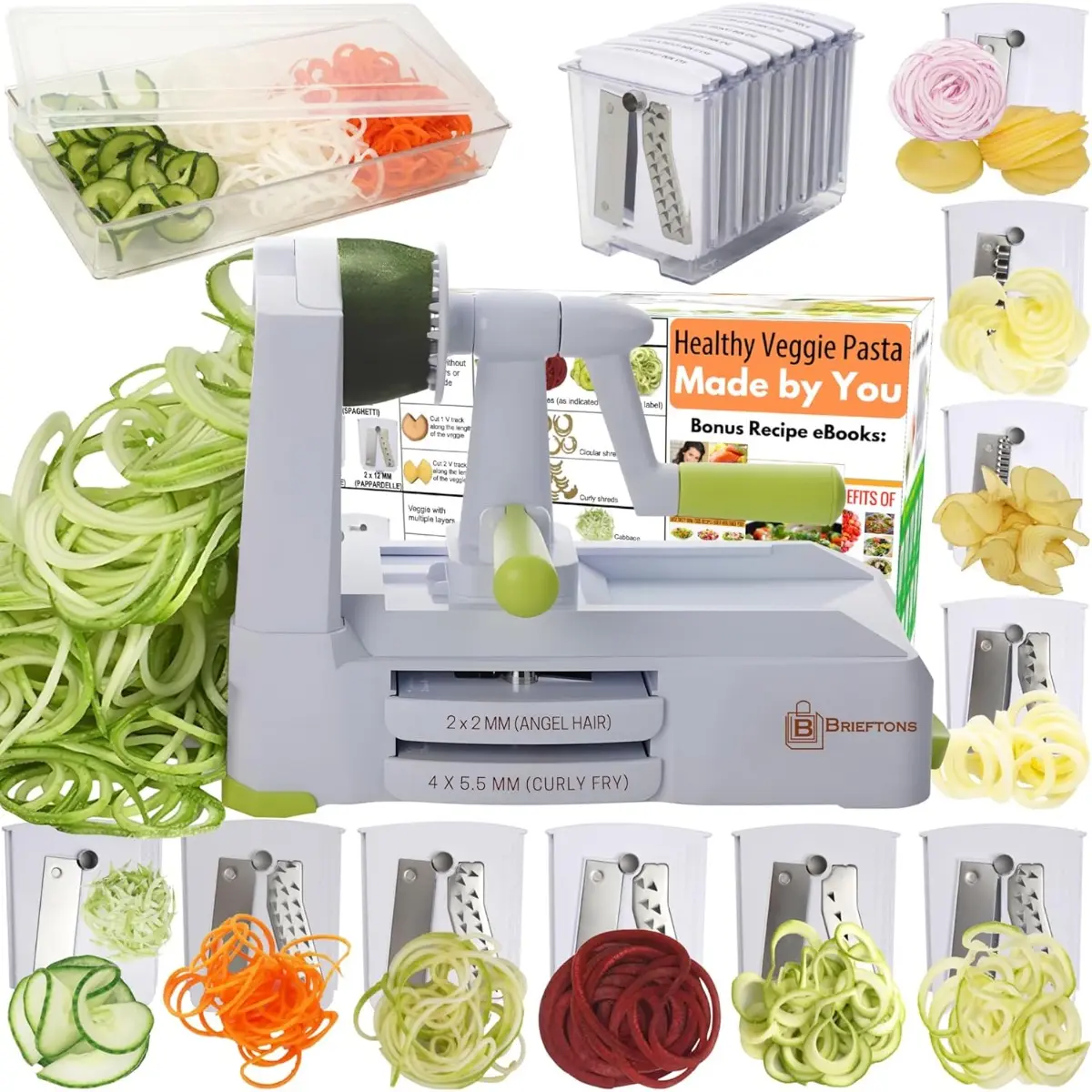 Sturdy 10-Blade Stainless Steel Kitchen Vegetable Spiralizer Utensil - Heavy-Duty Spiral Slicer, Noodle Maker for Low Carb Diets, With Container, Lid, Blade Rack, 4 Recipe Ebooks, Utensils