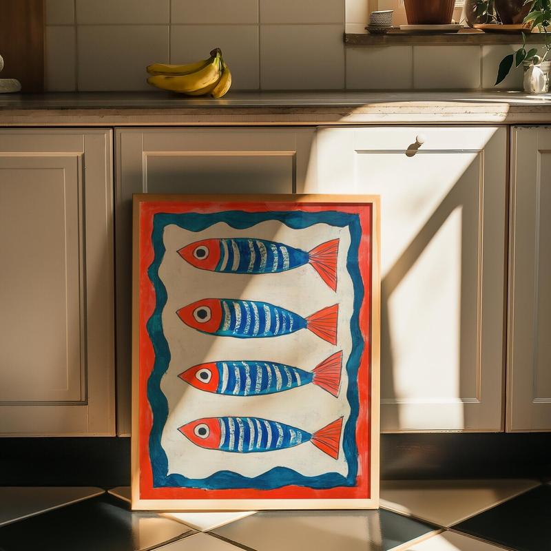 Red and Blue Sardines Wall Art, Playful Hand-Drawn Coastal Print, Mediterranean Kitchen Decor, Nautical Fishermancore Poster, Unframed