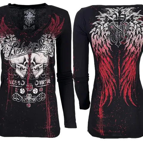 Rebel Saint by Affliction Women's Printed Aesthetic Graphic Tee, Casual Slim-Fitted Slim Fashionable Streetwear Top