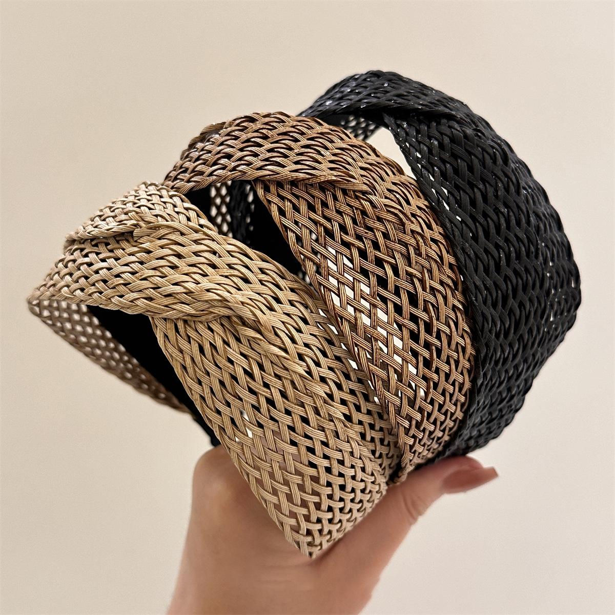 2PCS Summer Fresh Resort Style Straw Braided Knotted Cross Headband Handcrafted Weave with High Crown to Flatter Face Shape Wide-Brimmed Headband