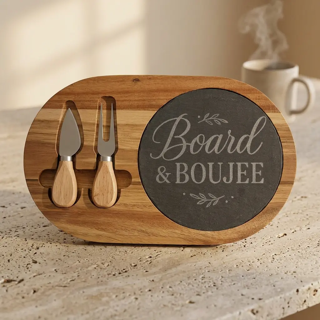 Engraved Wooden Bamboo Charcuterie Cheese Board with Slate, Kitchen Chopping Surface for Knives ("Board & Boujee")